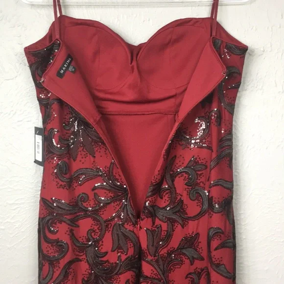 Marina Maroon & Black Sequin Strapless Sequin Gown